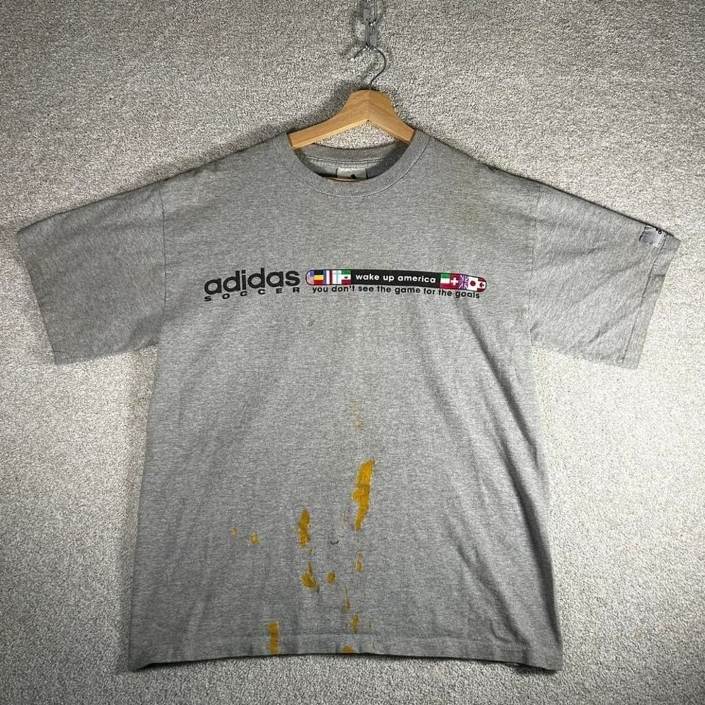 Vintage 2002 Adidas Soccer grey distressed graphic tee shirt tshirt